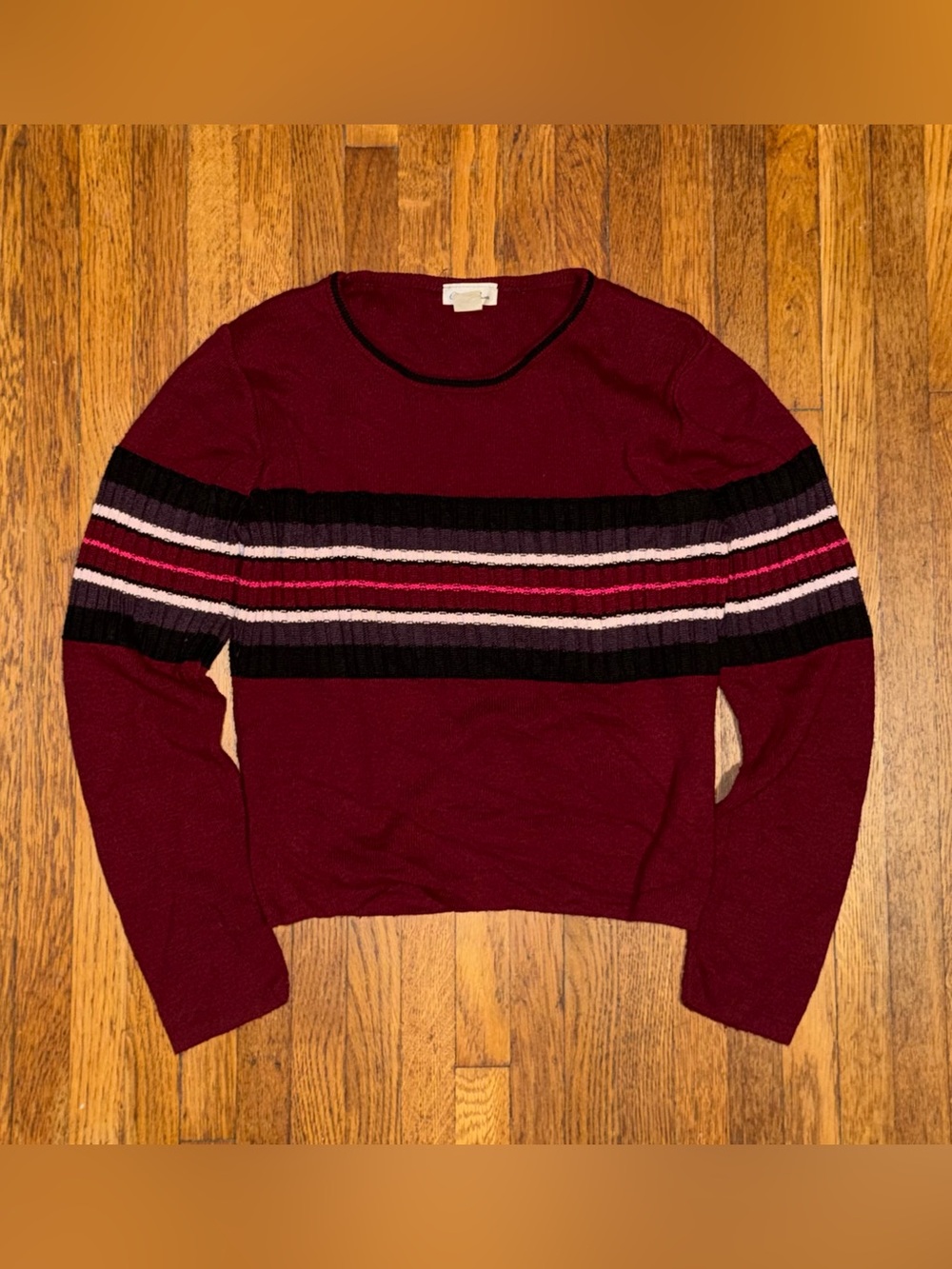 Vintage Women’s Maroon Stripe Crewneck Sweater Made in U.S.A. L